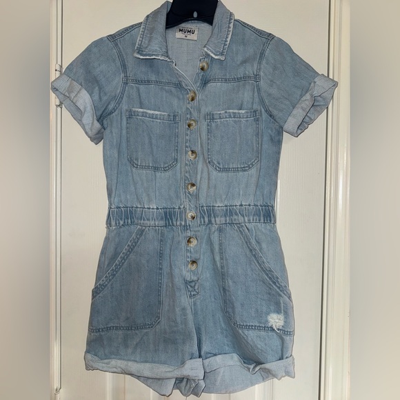Show Me Your MuMu Light Blue Distressed Denim Romper - Picture 1 of 7